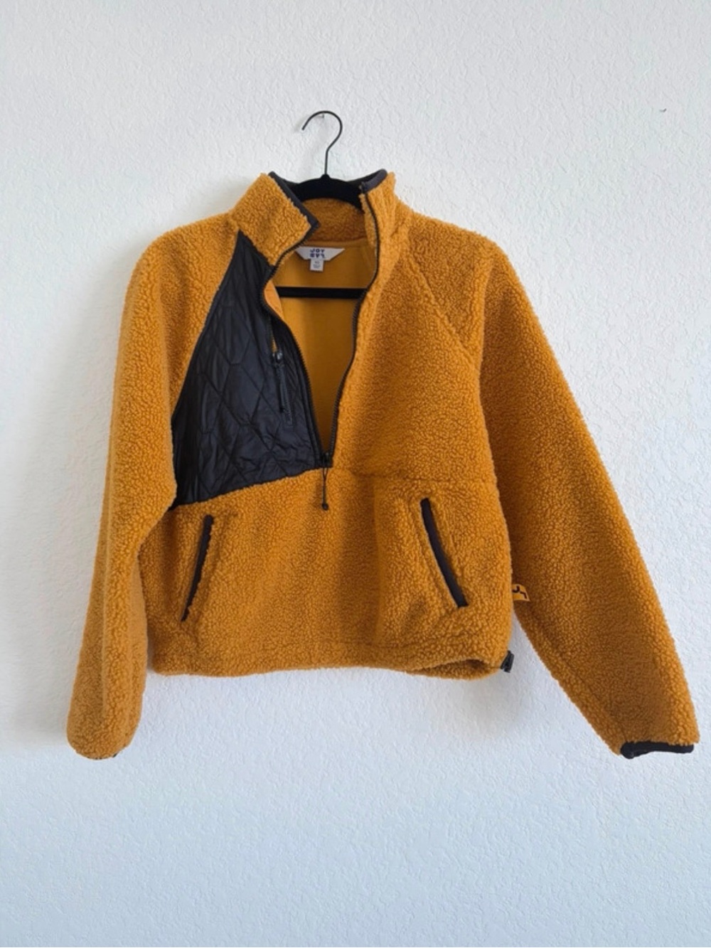 JoyLab Mustard Sherpa Pullover with Black Quilted Panel